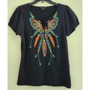 Top/Blouse-August Silk-Black-Colorful Embroidery-Short Sleeves-Front Tie-SMALL